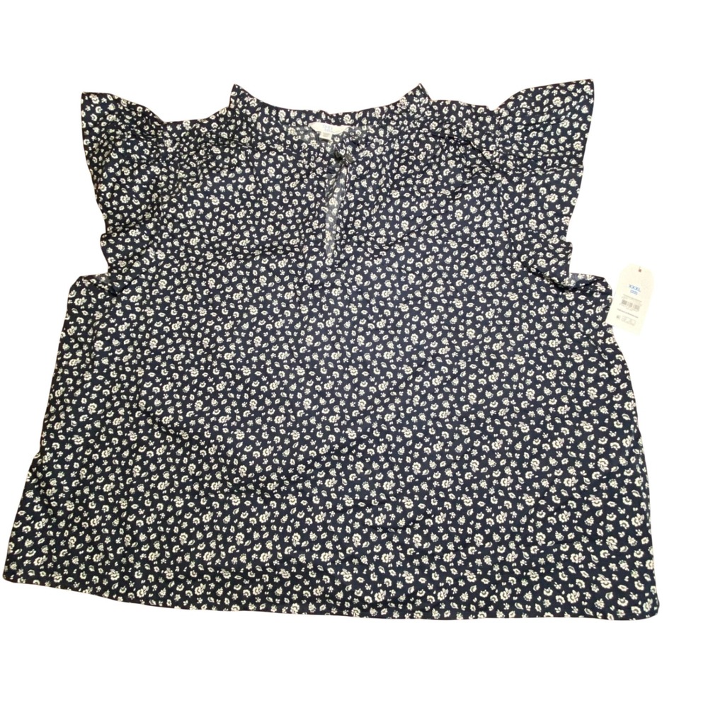 Time and Tru Womens XXXL 22‎ Flutter Sleeve Split Neck Navy Floral 100% Cotton